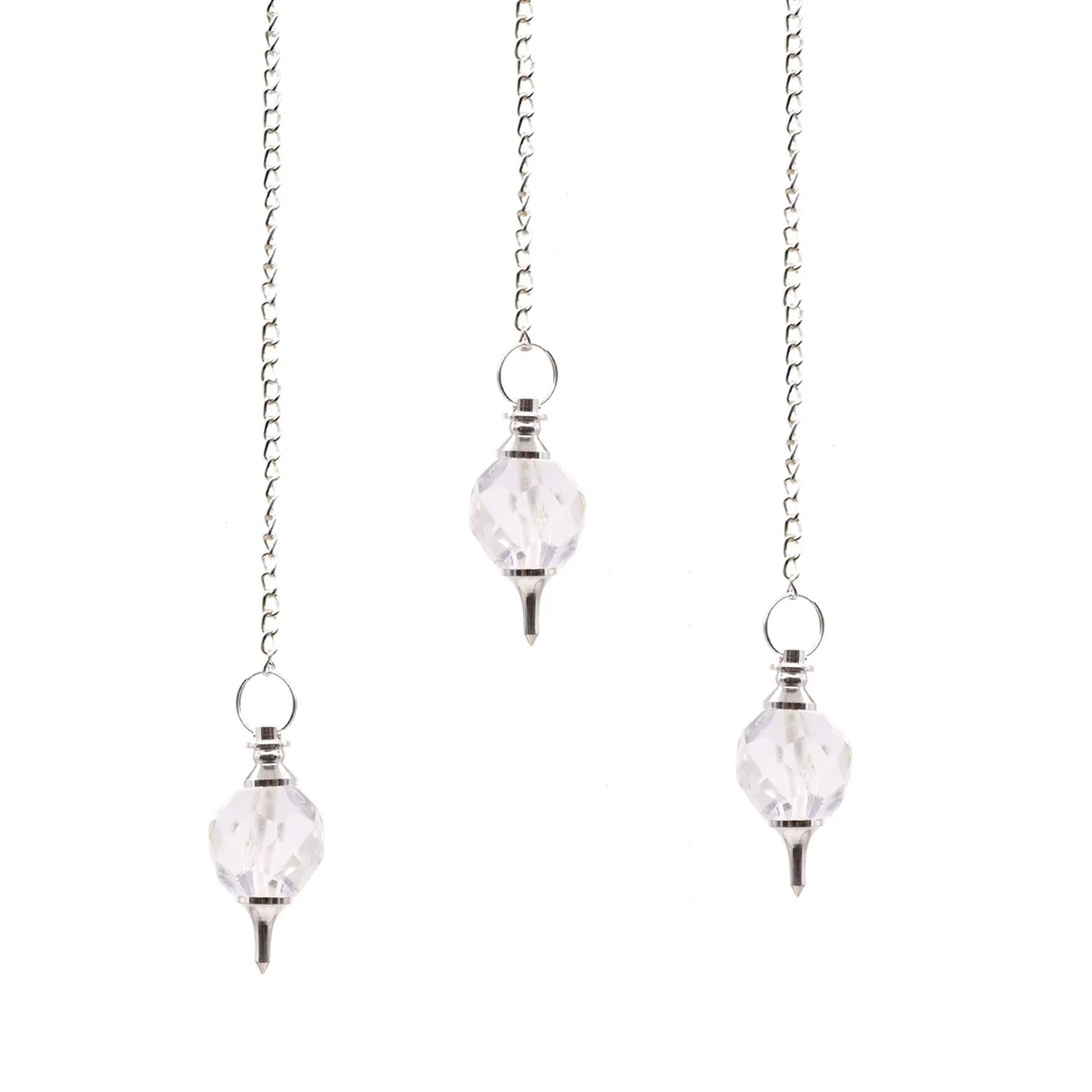 Faceted rock quartz pendulum with clear crystal and pointed tip on a silver chain against white background