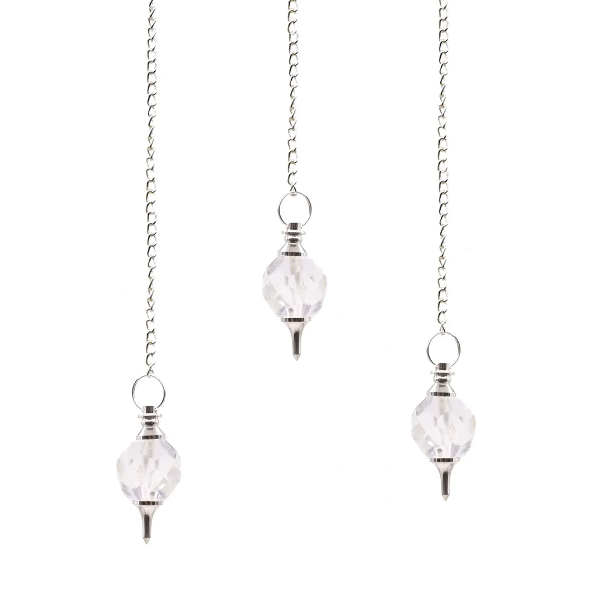 Faceted gemstone pendulum made of clear rock quartz with a pointed, polished shape on a silver chain