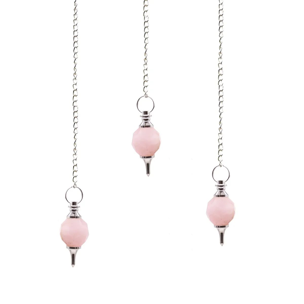 Faceted gemstone pendulum made of polished rose quartz with a pointed tip and metal chain on a white background