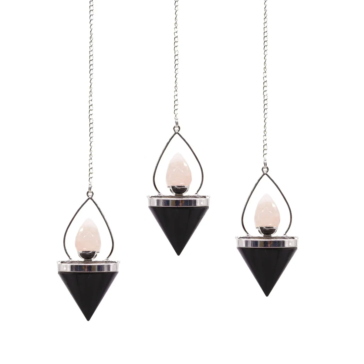 Gemstone Lantern of Life pendulum featuring black agate and rose quartz stones with a black agate pendulum tip