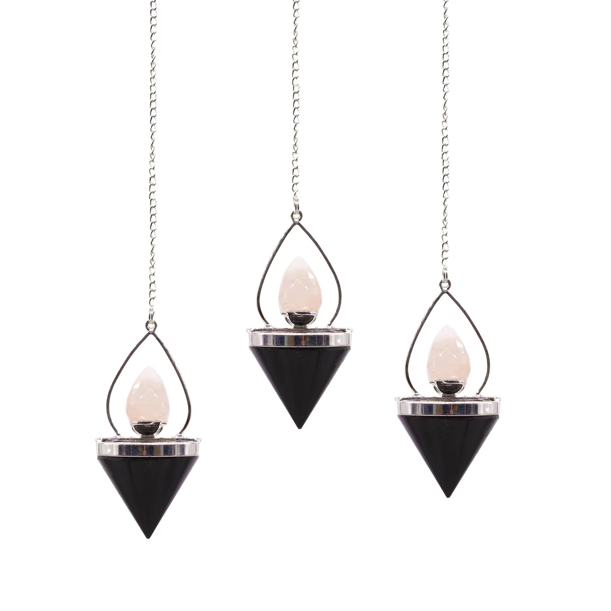 Gemstone Lantern of Life pendulum featuring black agate and a rose quartz pendulum on a chain