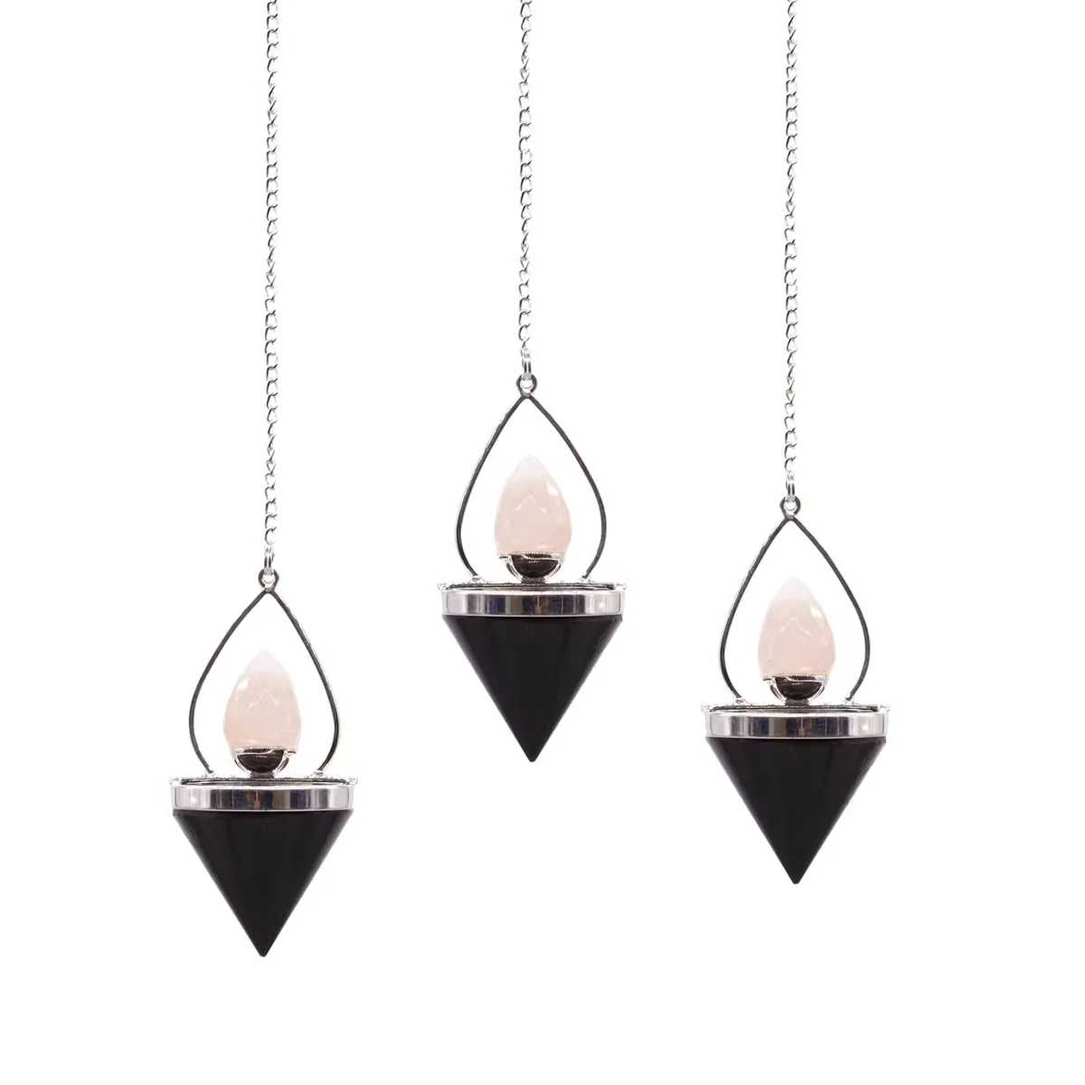 Lantern of life pendulum featuring black agate and rose quartz gemstones on a silver chain against white background