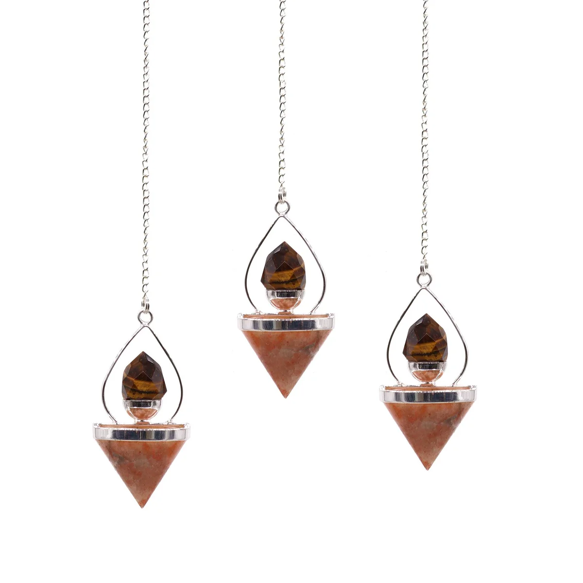Gemstone pendulum ornament featuring sunstone and tigereye in a lantern of life design with metallic frame