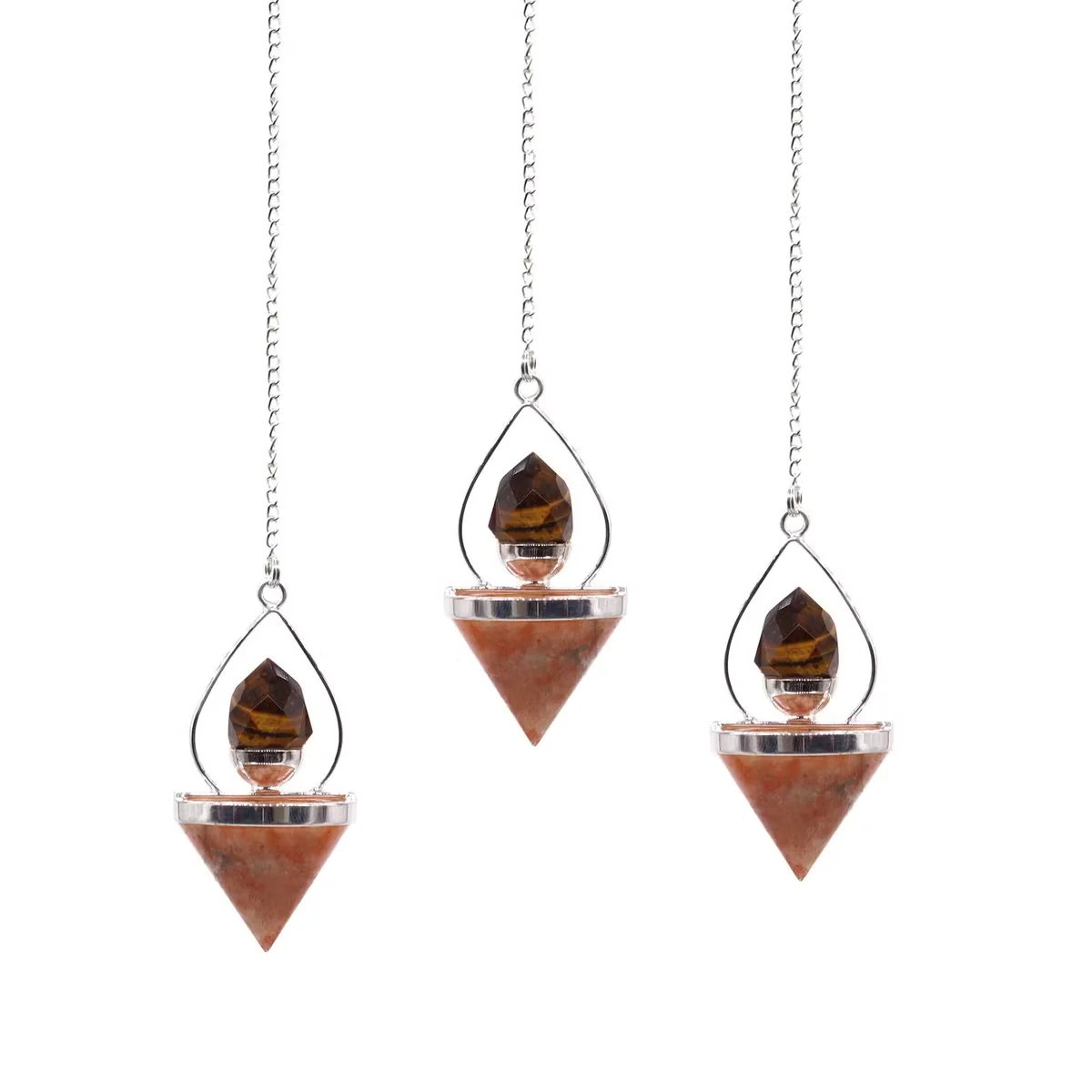 Gemstone Lantern of Life ornament featuring sunstone and tigereye pendulum on a white background