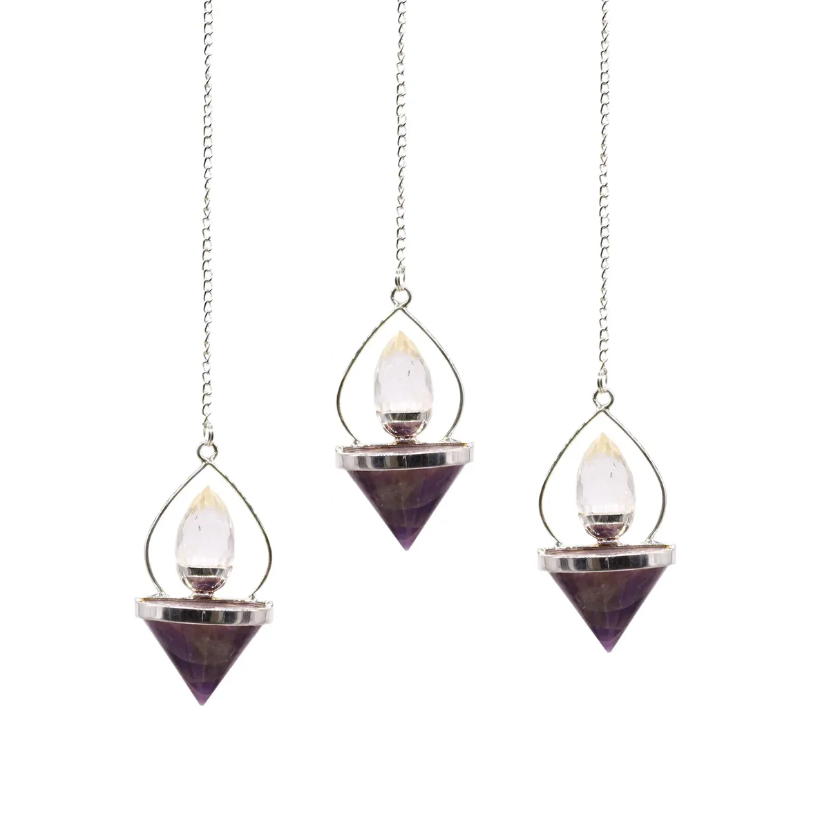 Gemstone pendulum featuring amethyst and rock quartz in a lantern of life design with silver chain and frame