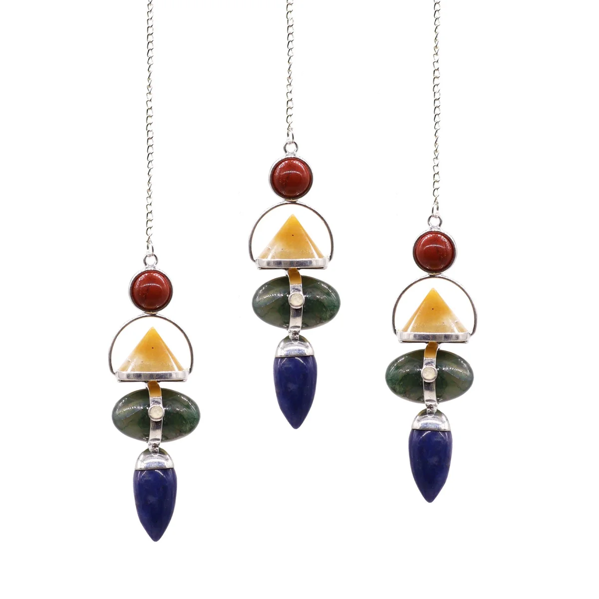 Four Elements gemstone pendulum necklace with red jasper, yellow aventurine, moss agate, sodalite, and moonstone beads