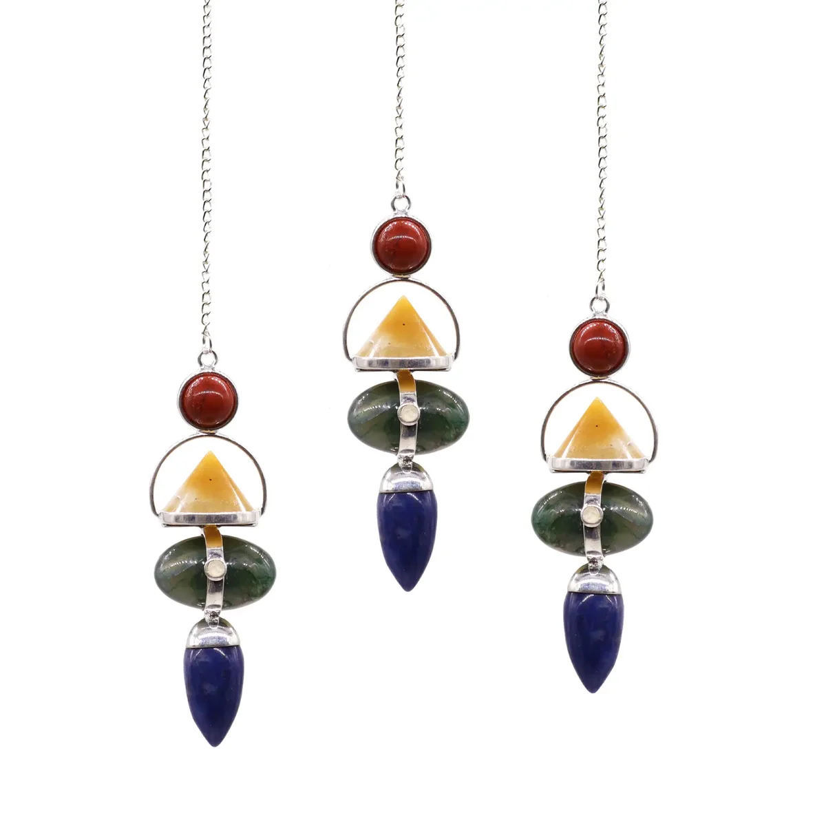 Four elements pendulum featuring red jasper, yellow adventurine, moss agate, sodalite, and moonstone gemstones on a chain