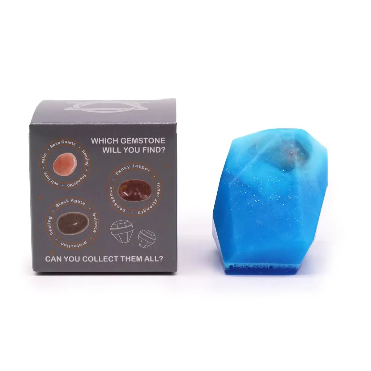 Clear blue Crystal Elemental Soap bar representing water, natural bath soap with smooth, translucent texture on white background