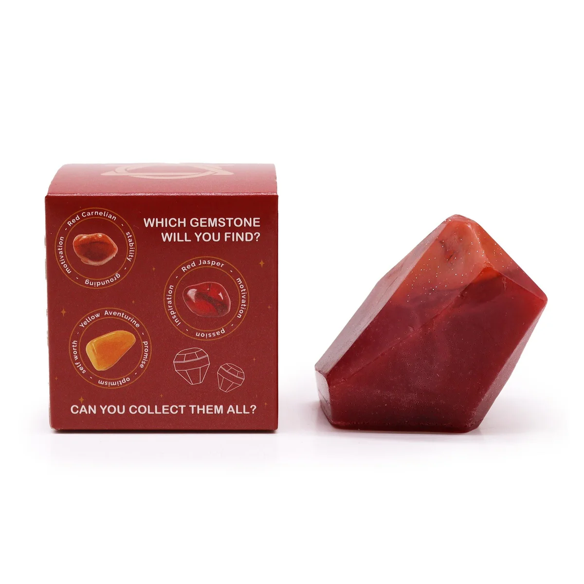 Red crystal elemental soap shaped like a flame with smooth, translucent texture on a white background
