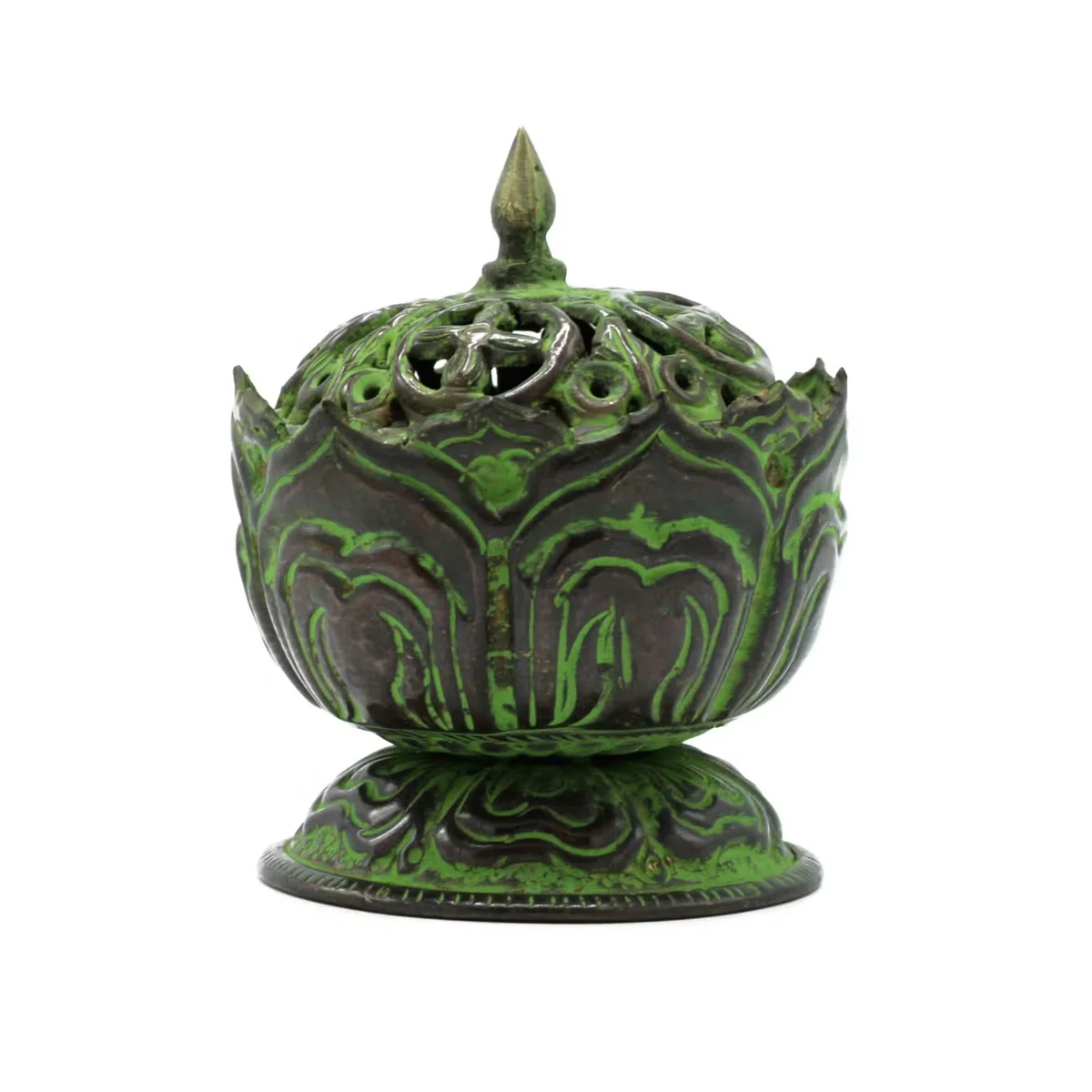 Small lotus incense burner in brass with verdigris finish, Tibetan design, shown from side angle on plain background