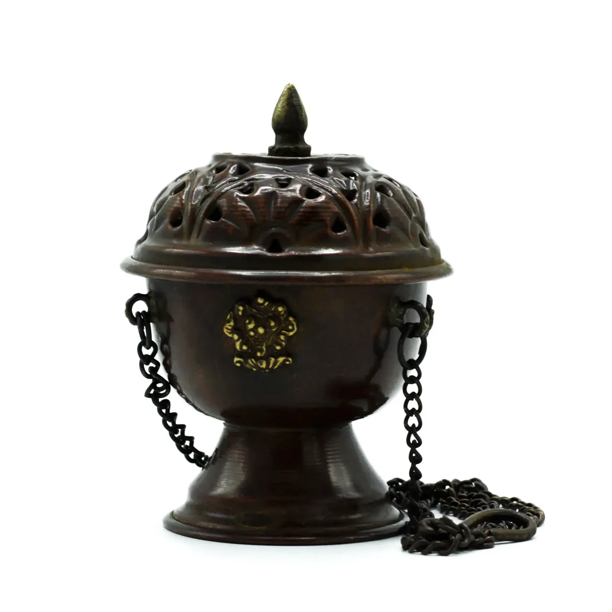 Classic hanging copper incense burner with intricate Tibetan design for burning incense sticks or cones