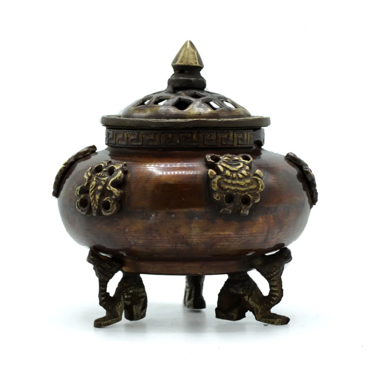 Brass six symbols incense pot with detailed Tibetan design, standing pot style for burning incense sticks or cones