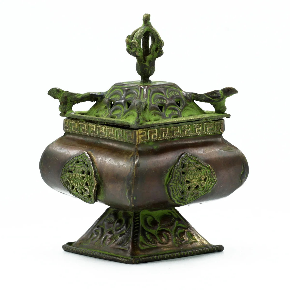 Square brass verdigris Tibetan brass burner with four symbolic designs, standing pot style on white background