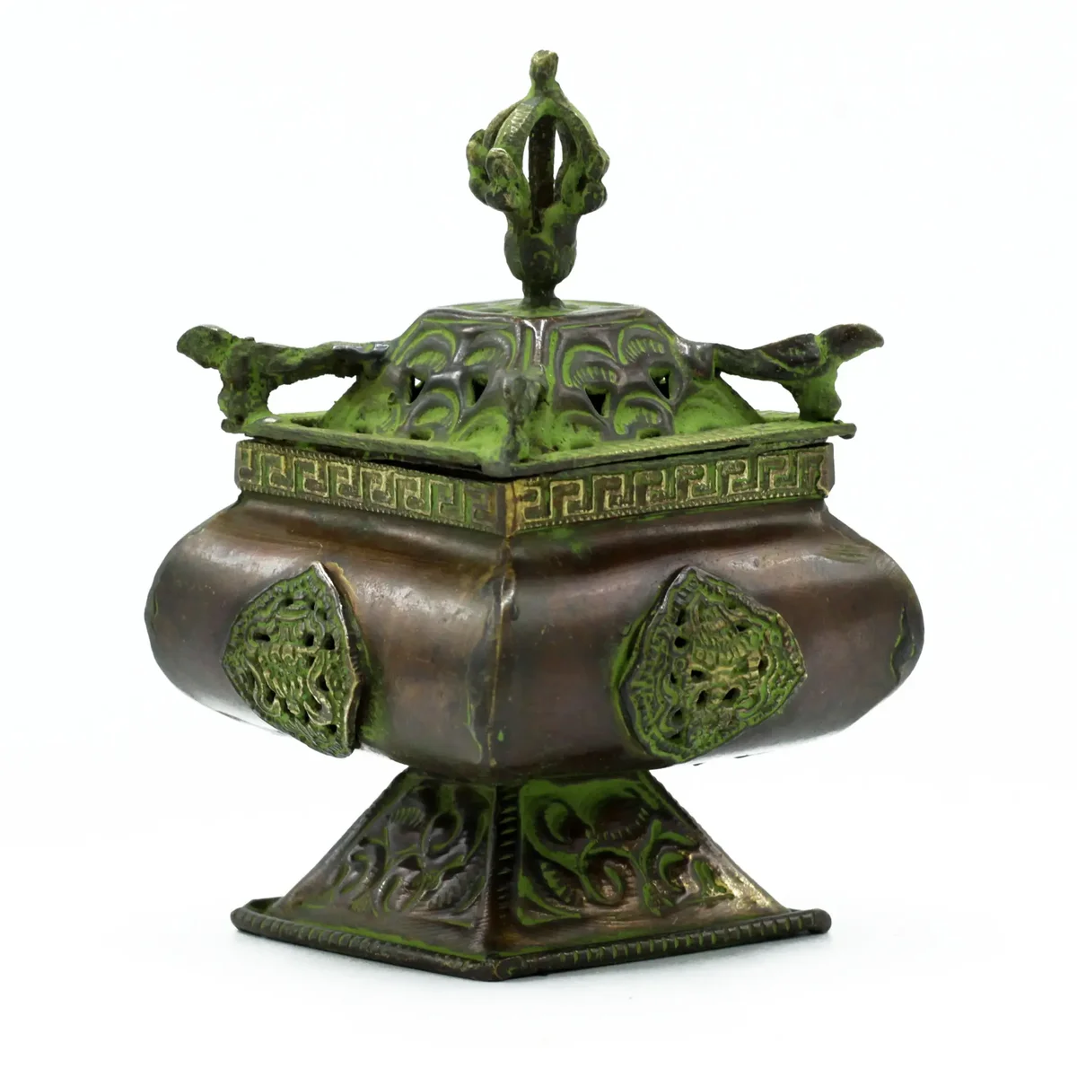Brass verdigris burner with four Tibetan symbols on a square standing pot design