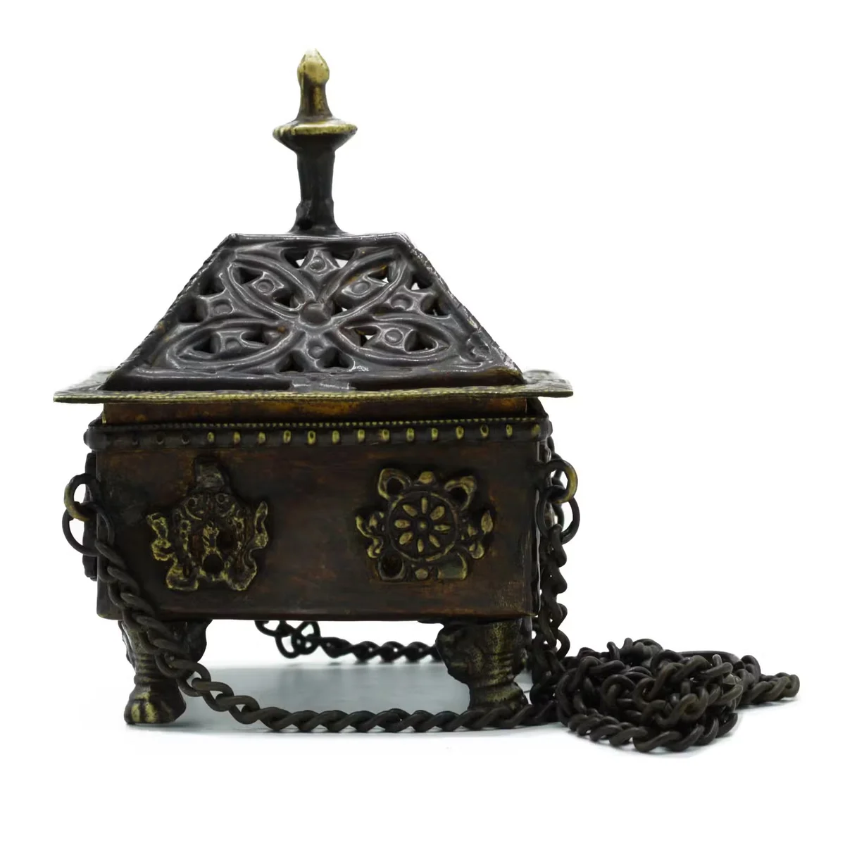 Brass Tibetan burner featuring eight symbols on a square hanging pot with detailed engravings and hanging loop