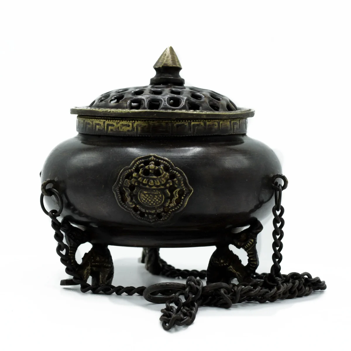 Large brass Tibetan burner with four symbols, designed as a hanging pot for incense burning