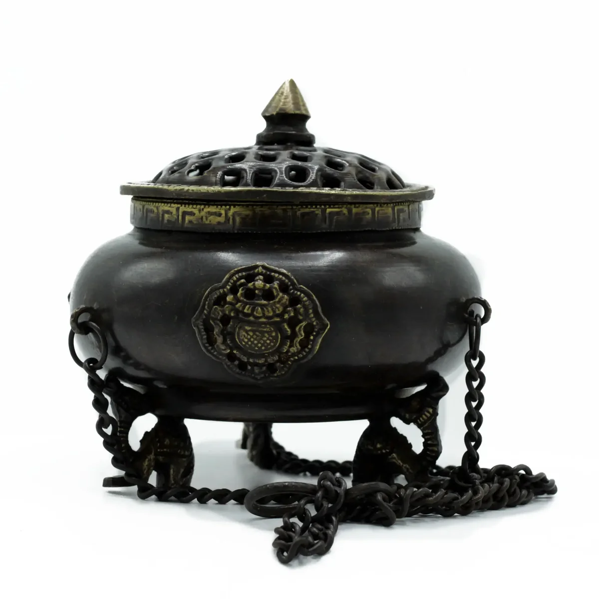 Large brass Tibetan burner with four symbols, designed as a hanging pot for incense or ritual use