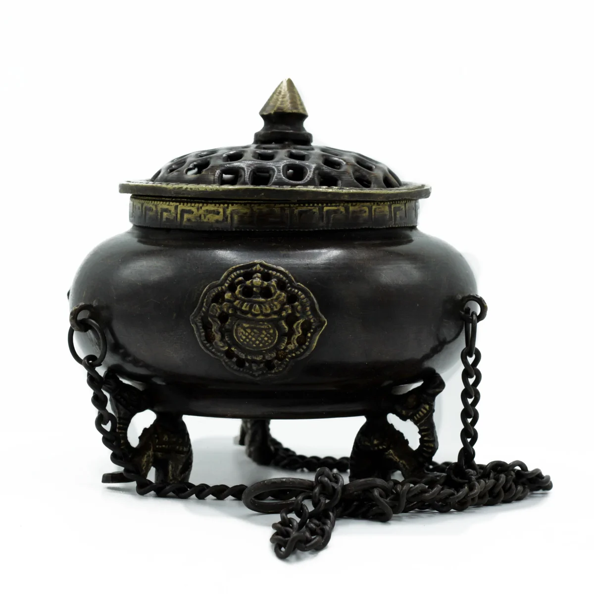 Large brass hanging pot with four Tibetan symbols, designed as a traditional burner for decorative use