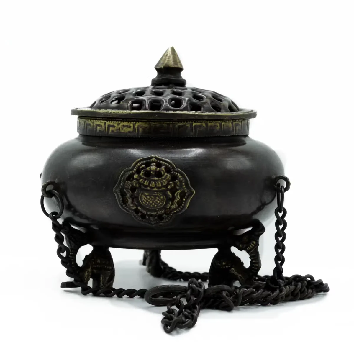 Large brass Tibetan incense burner with four symbols, designed as a hanging pot