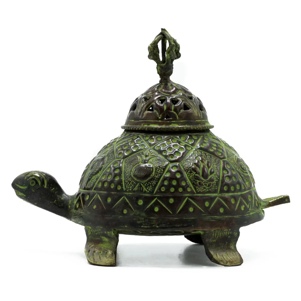 Large brass verdigris Tibetan turtle incense holder showcasing intricate details, ideal Tibetan brass decor piece