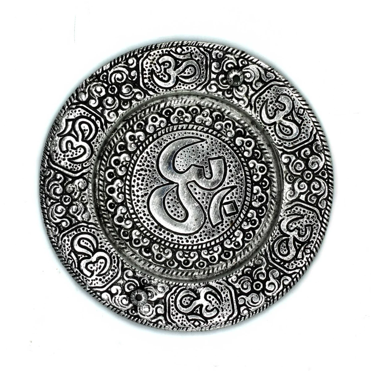 Polished aluminium incense holder with round shape and Om symbol, 11cm diameter, shiny finish