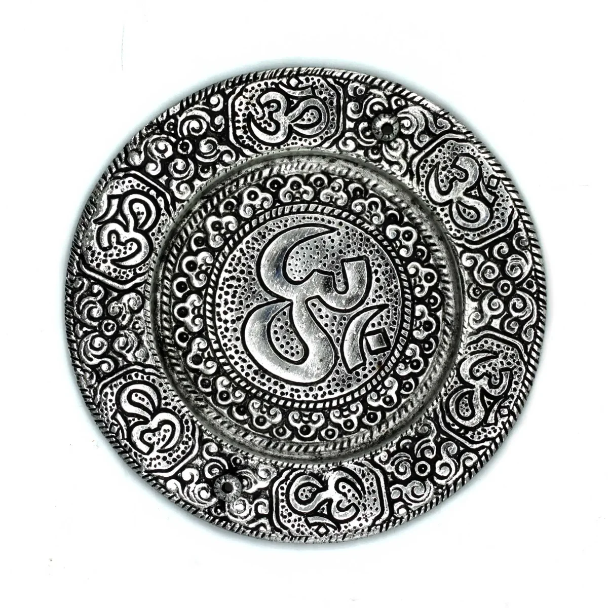 Polished aluminium round incense holder with Om symbol, 11cm diameter, shiny silver finish