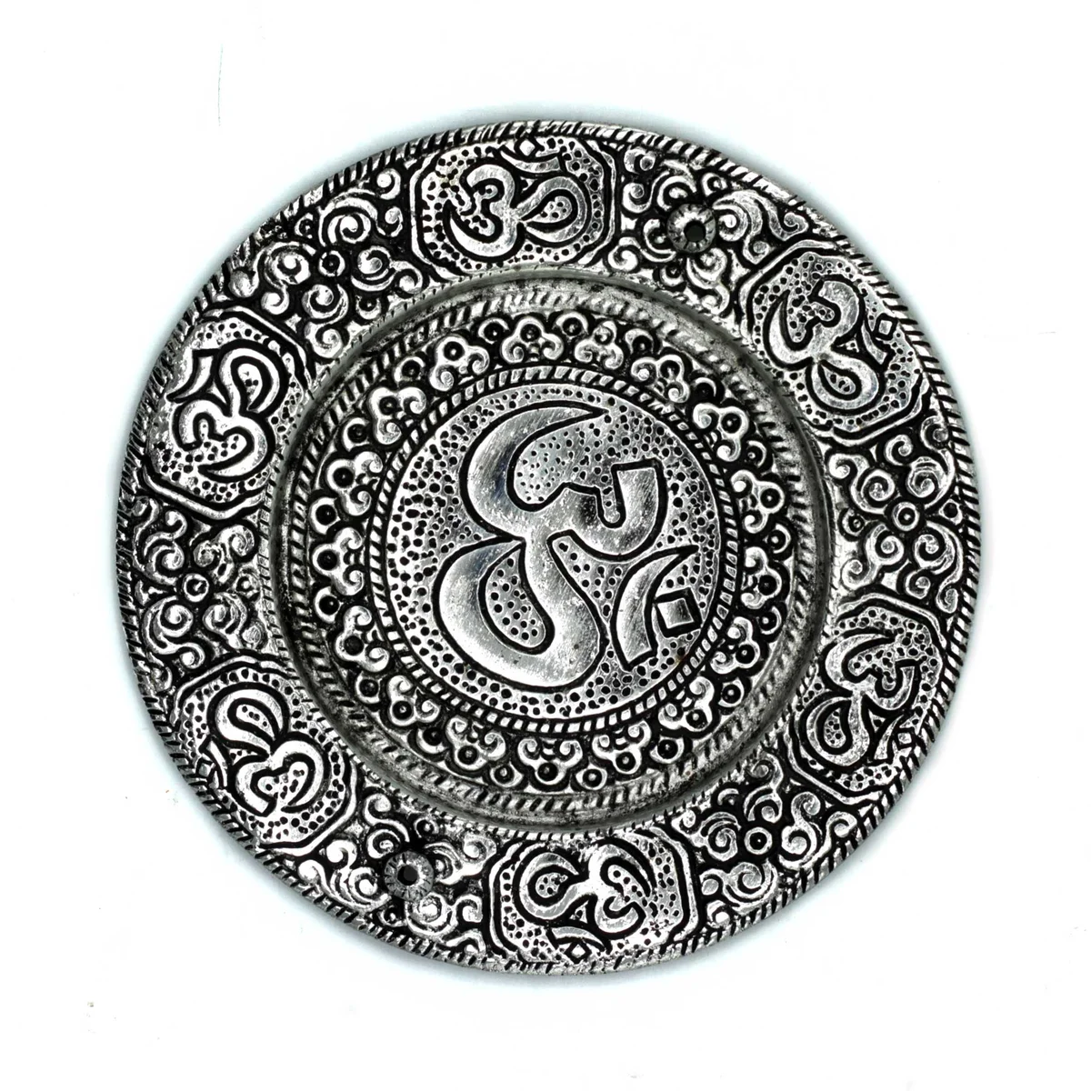 Polished aluminium holder in round shape with Om symbol, 11cm incense holder on white background