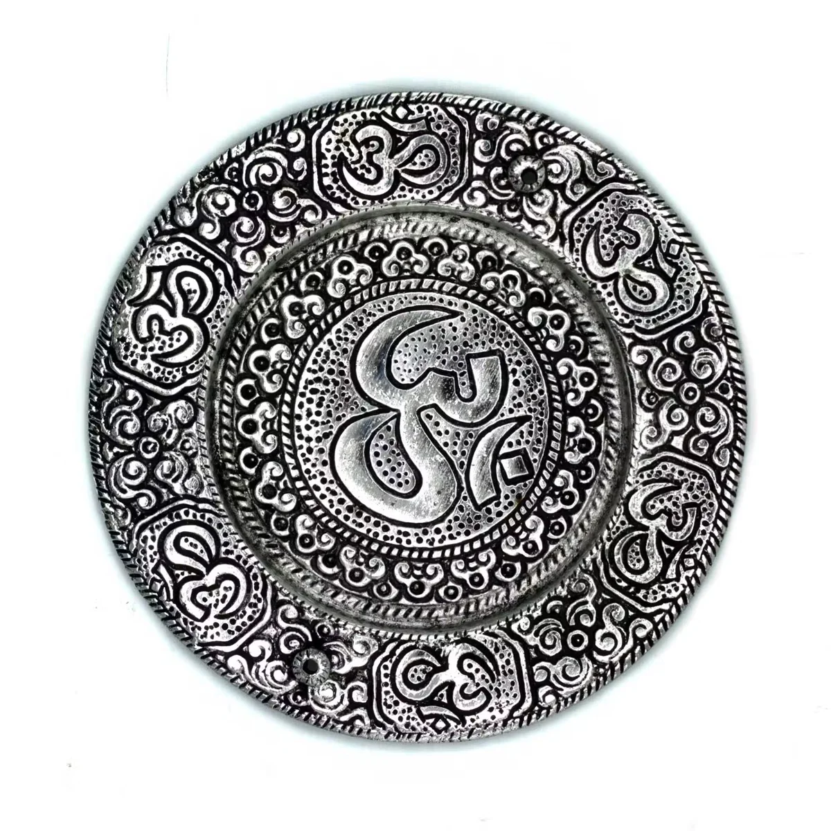 Polished aluminium Om incense holder in round shape, 11cm diameter, shiny silver finish, third product photo view