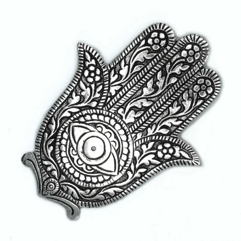 Polished aluminium incense holder shaped like a Hamsa hand, 14 cm tall, open base for incense sticks.
