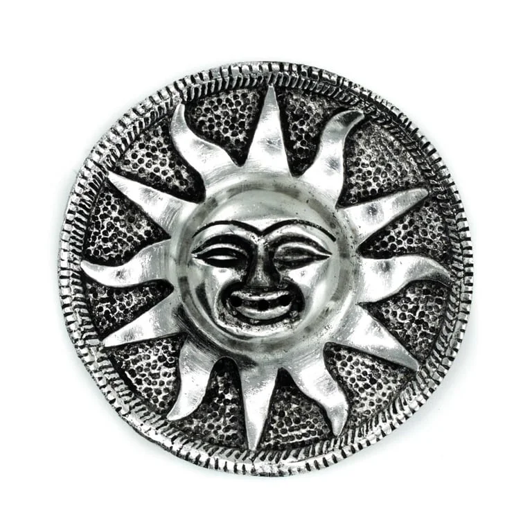 Polished aluminium incense holder, sun-shaped design, 9m stick holder, sleek metal surface.