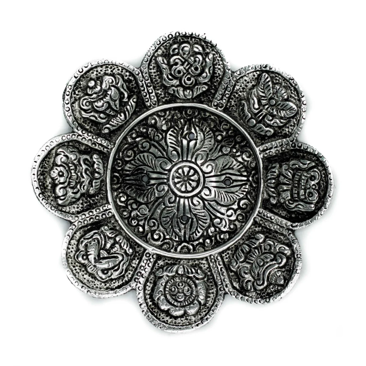 Polished aluminium Tibetan incense holder featuring Tibetan symbols, measuring 12cm in length, on a white background