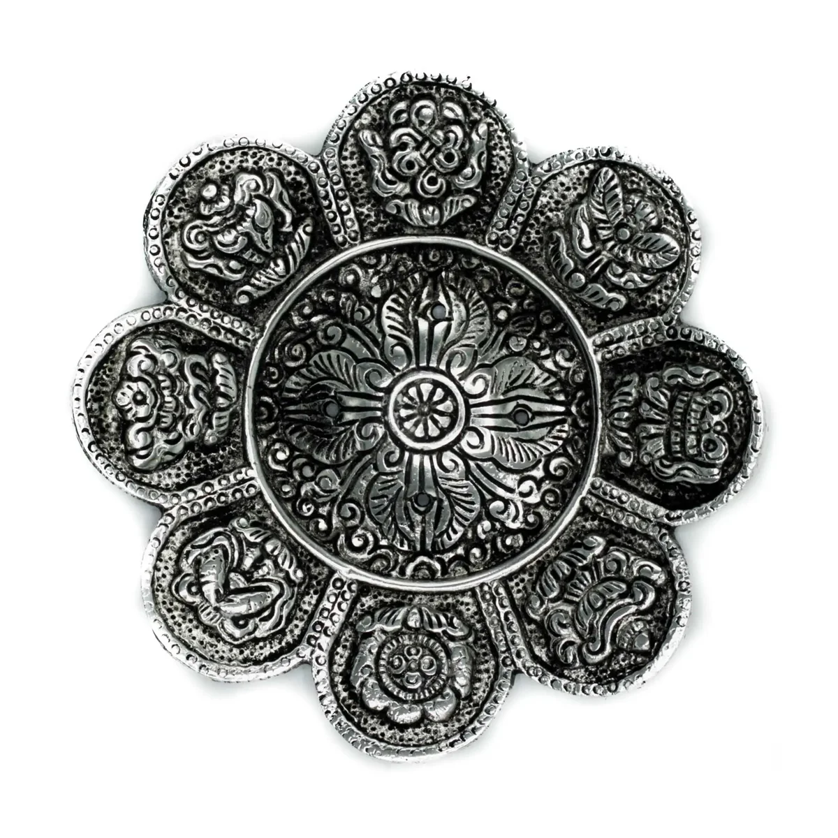 Polished aluminium incense holder with Tibetan symbols, 12cm long, shiny silver finish