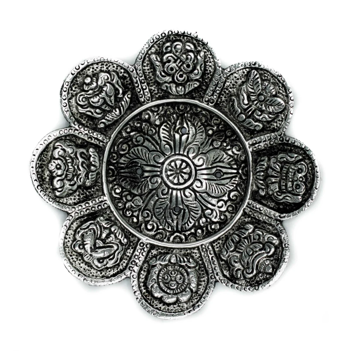 Polished aluminium Tibetan symbols incense holder 12cm with intricate engraved designs on a smooth surface