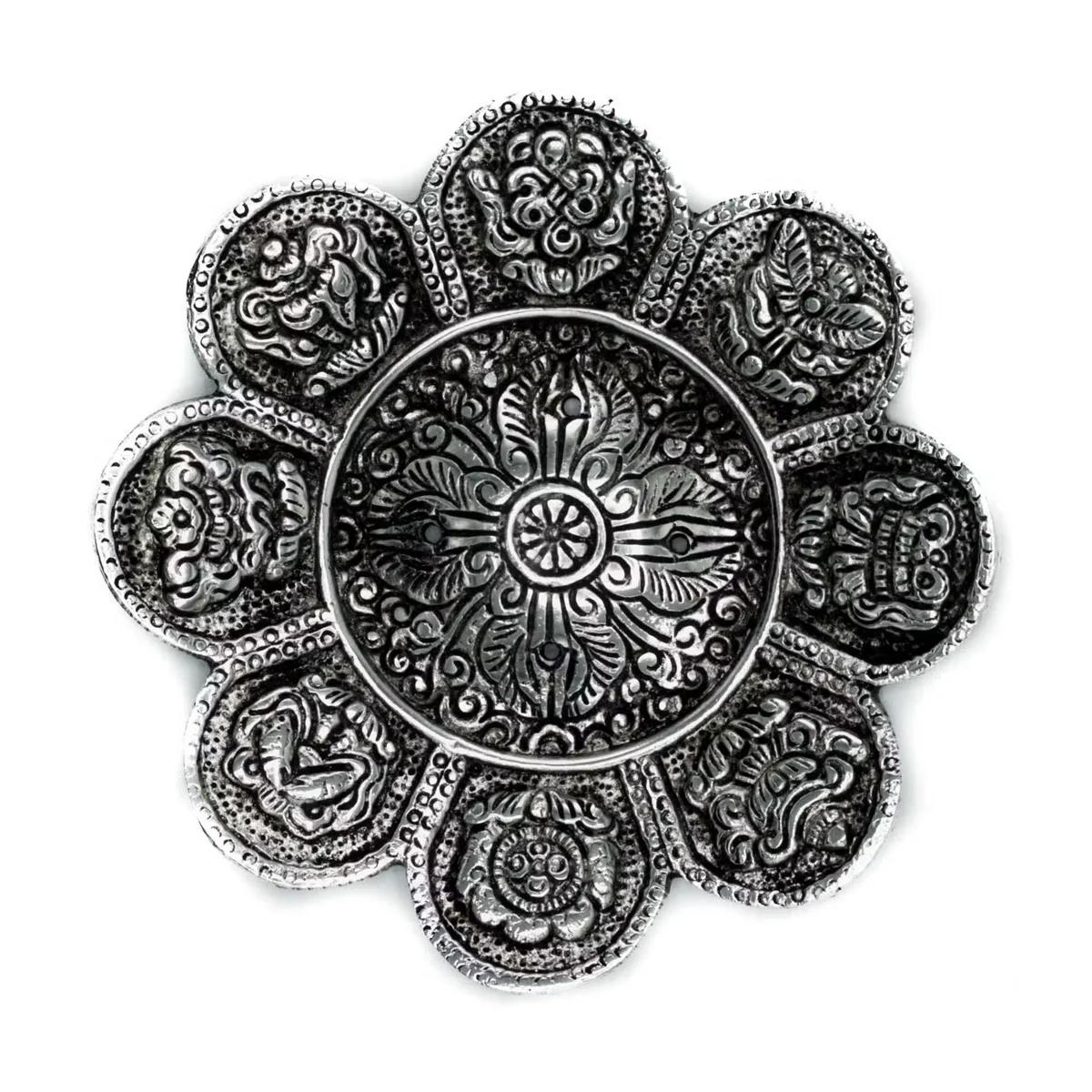 Polished aluminium incense holder featuring Tibetan symbols, 12cm, sleek and reflective surface, third angle view