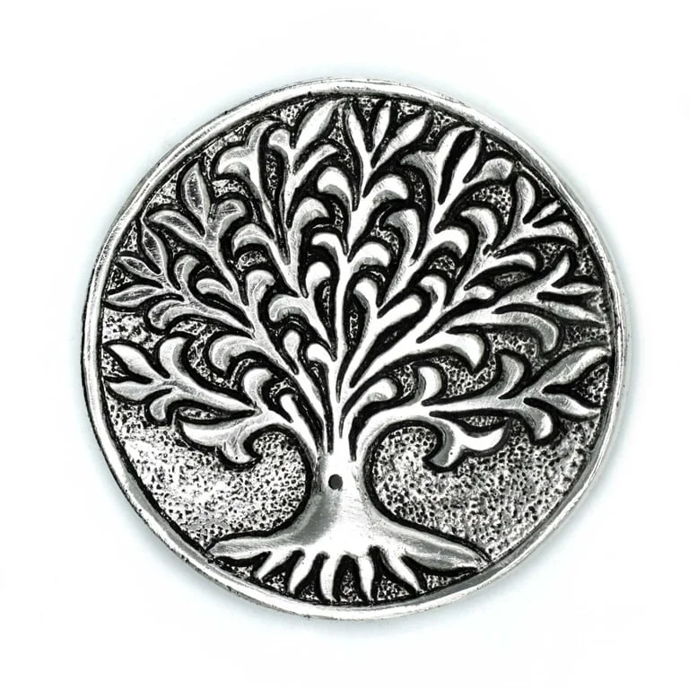 Polished aluminium incense holder with Tree of Life design, 10cm tall, silver finish.