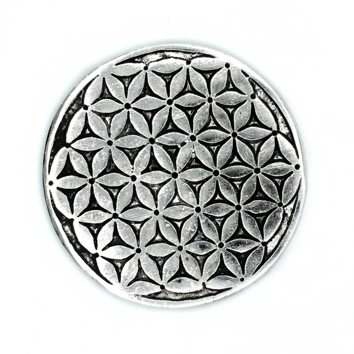 Polished aluminium incense holder featuring an 11cm Flower of Life design on a smooth metallic surface
