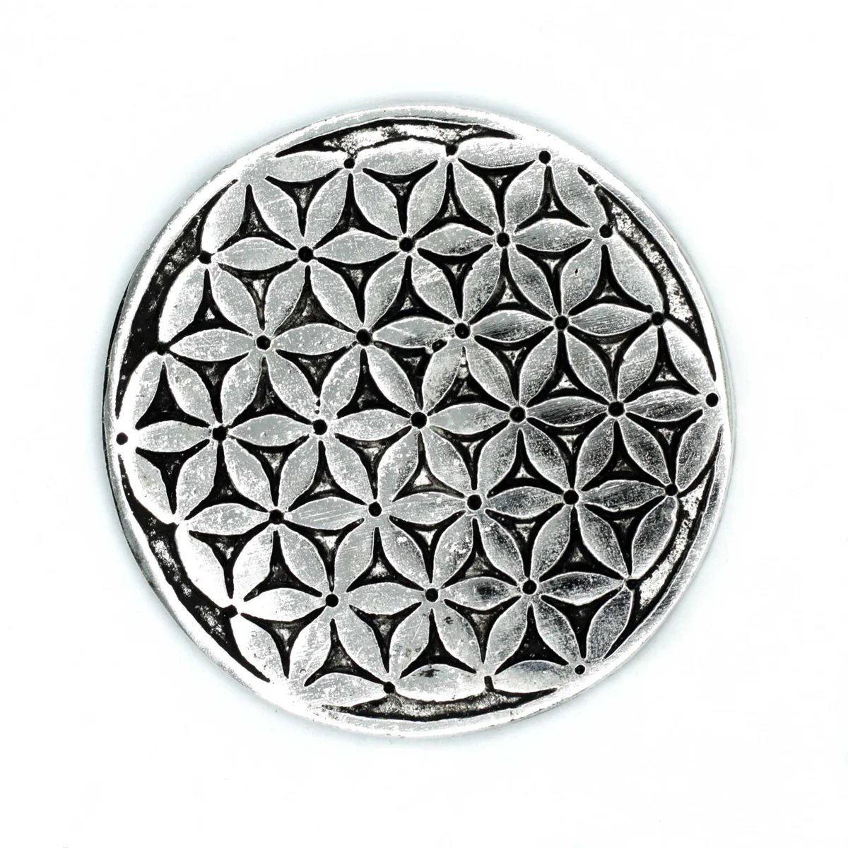 Polished aluminium 11cm incense holder featuring Flower of Life design on a white background