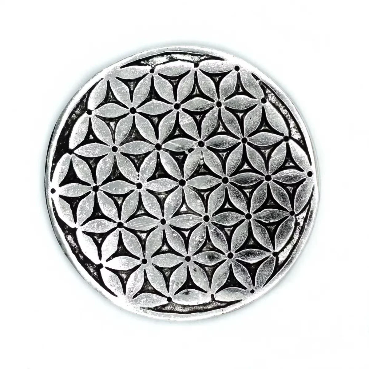 Polished aluminium incense holder with flower of life design, 11cm, ideal flower of life decor accessory