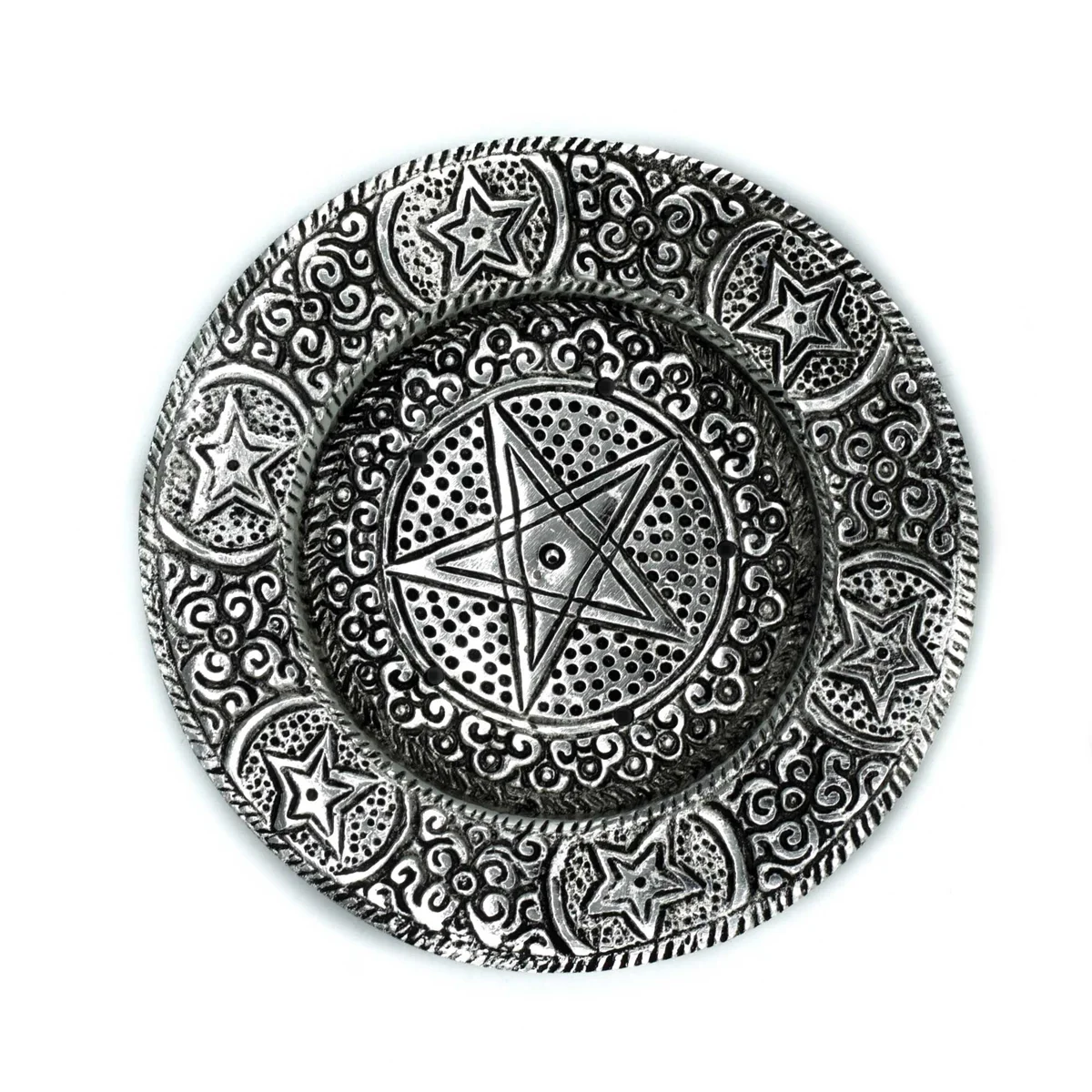 Polished aluminium pentagram incense holder measuring 11.5cm with five-pointed star design on flat base