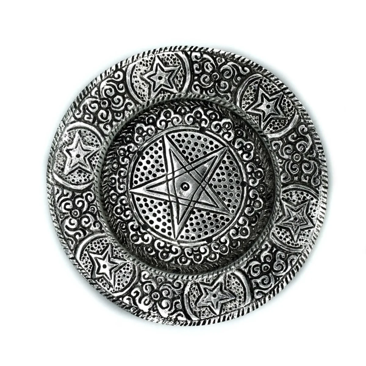 Polished aluminium incense holder shaped as a pentagram, 11.5cm in size, with a sleek metallic finish
