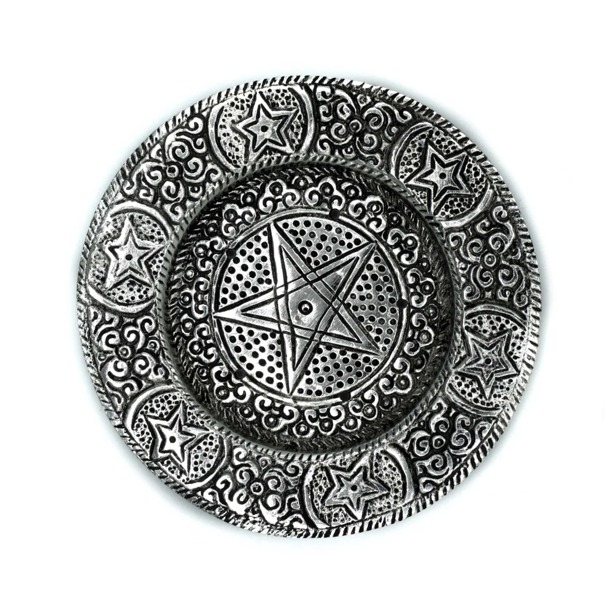 Polished aluminium pentagram shaped 11.5cm incense burner with smooth reflective surface on white background