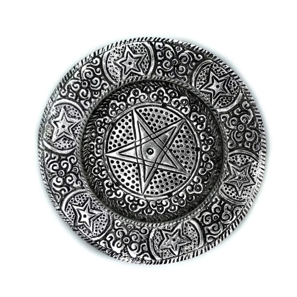 Polished aluminium pentagram decorative incense holder measuring 11.5cm displayed on white background