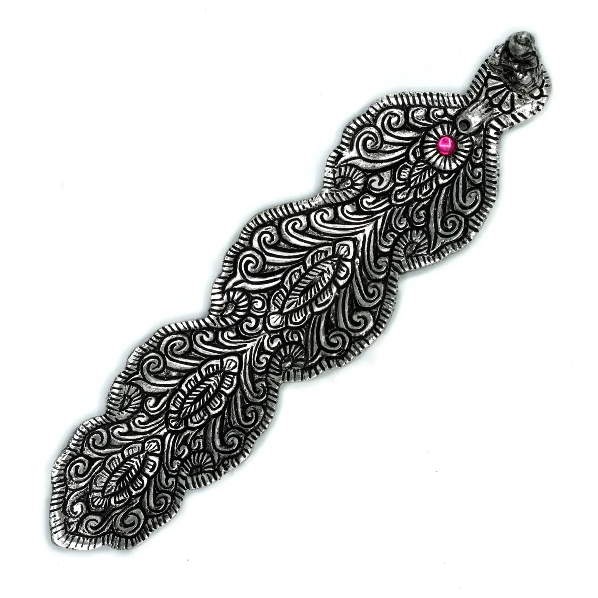 Polished aluminium incense holder featuring a long rectangular base with a Buddha figure, 20cm length