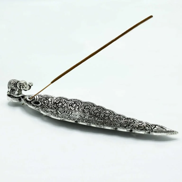 Polished aluminium elephant incense holder standing at 20cm, sleek long design for incense.