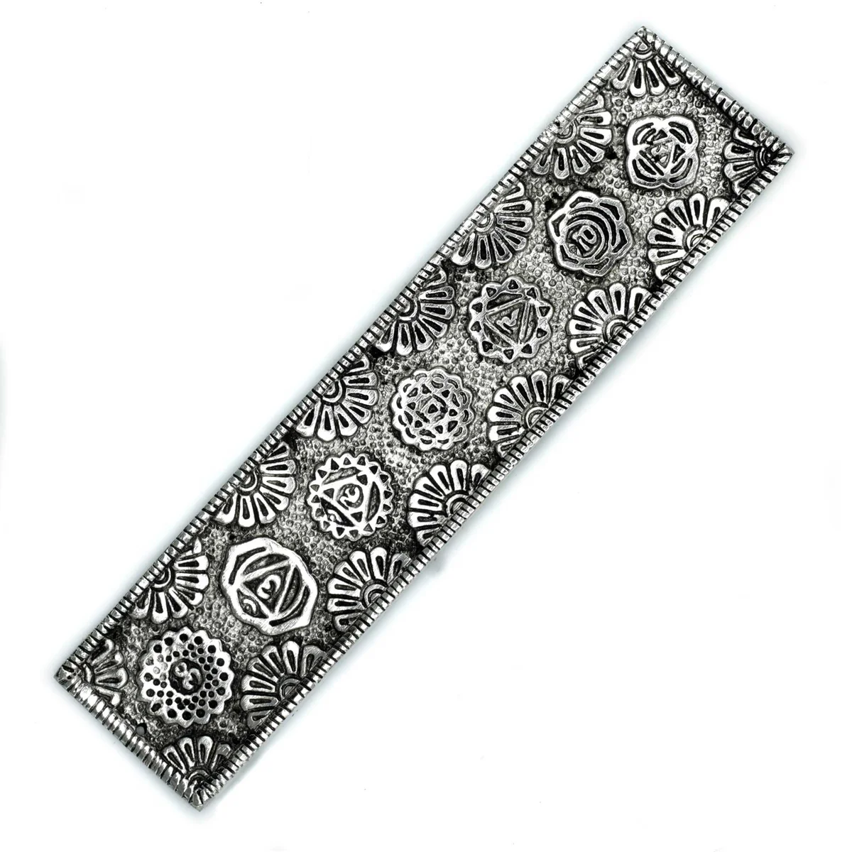 Polished aluminium incense holder with chakra design, long 23cm shape for burning incense sticks
