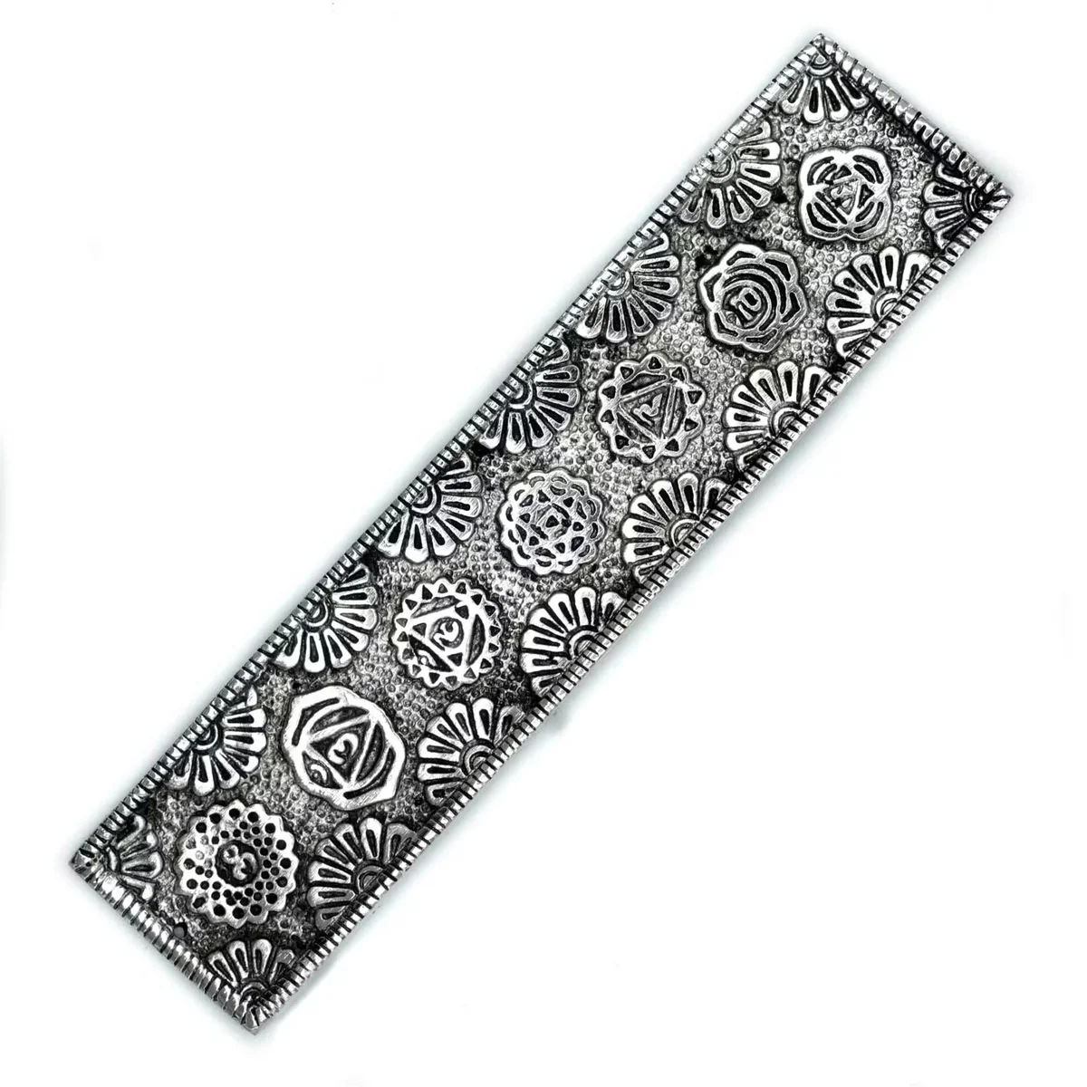Polished aluminium chakra incense burner 23cm long with engraved chakra symbols on a sleek silver holder