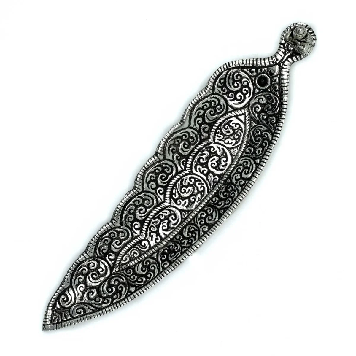 Polished aluminium Buddha incense holder in a long shape, measuring 23cm, on a plain background