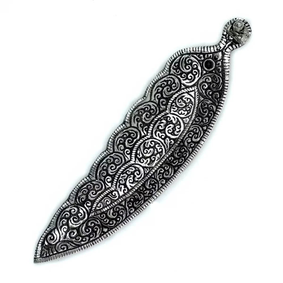 Polished aluminium holder shaped like a long Buddha incense holder measuring 23cm on a white background