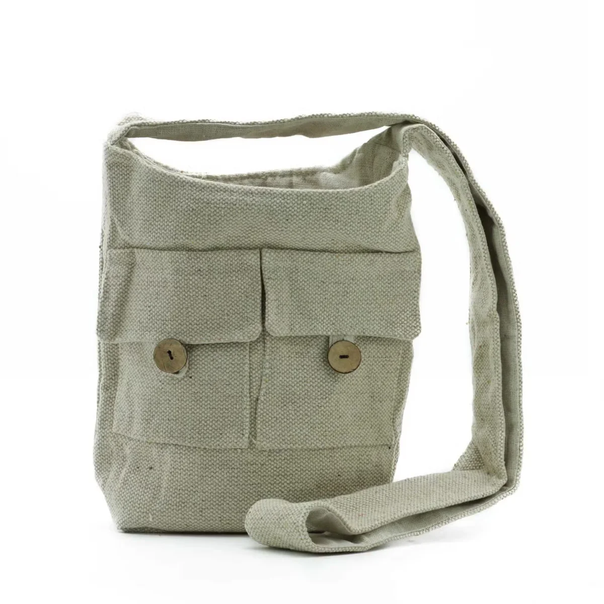 Stylish medium bag in natural tones featuring two front pockets and a simple design