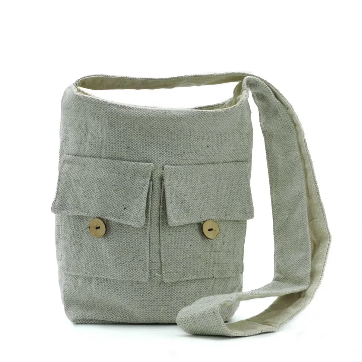 Medium stone coloured stylish two pocket bag showing front and back pockets with natural tones design